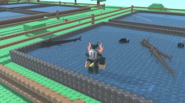 Roblox Grow A Spawner Farm Avatar Wearing Silver Helmet Standing In Water Near Three Giant Fish
