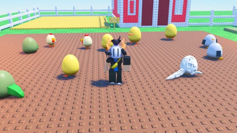 Roblox Grow An Egg Avatar Wearing Silver Helmet Standing On Dirt Surrounded By Different Colored Eggs