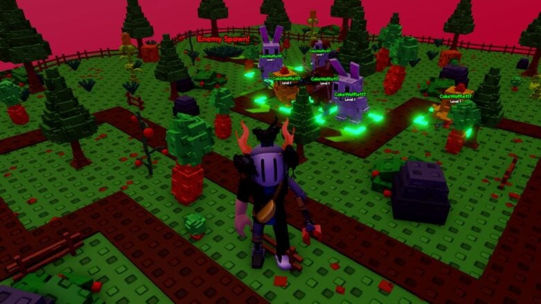 Roblox Grow Garden Tower Defense Avatar Wearing Silver Helmet And Claw Arm Standing Near Road As Animals Attack Units