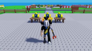 Roblox Grow A Business Avatar Wearing Silver Helmet And Metal Claw Arm Standing In Front Of Three Yellow Npcs At Desks