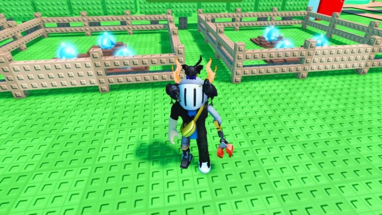 Roblox Grow A Friend Avatar Wearing Silver Helmet And Claw Arm Standing Outside Pens As Blue Eggs Are Hatching