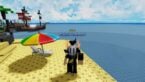 Roblox Gubby Tower Defense Avatar Wearing Silver Helmet Standing On Beach With Multicolored Parasol With Pirate Ship In Background