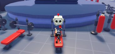 Roblox Gym Titans Avatar Wearing Silver Helmet Doing A Bench Press While A Square Pet Robot Hovers Over