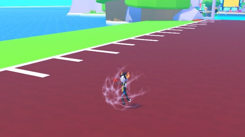 Roblox Gym Training Avatar Wearing Silver Helmet Running Down Brown Track At Supersonic Speeds