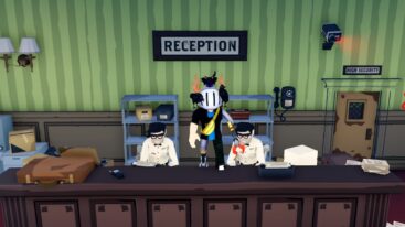 Roblox Horror Mental Hospital Tycoon Avatar Wearing Silver Helmet And Claw Arm Standing On Reception Desk And Two Workers Stand There