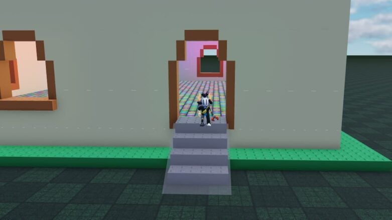 Roblox How Much Size Can You Get Avatar Wearing Silver Heomet And Red Claw Hand Standing In Entrance Of Massive Beige House