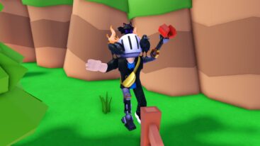 Roblox Infinite Rune Incremental Avatar Wearing Silver Helmet And Metal Claw Arm Climbing Up Fence