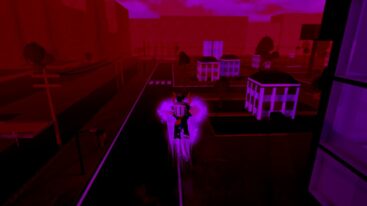 Roblox Jojo Roguery Avatar Wearing Silver Helmet Covered In A Purple Aura As The Screen Is Red Jumping In Air