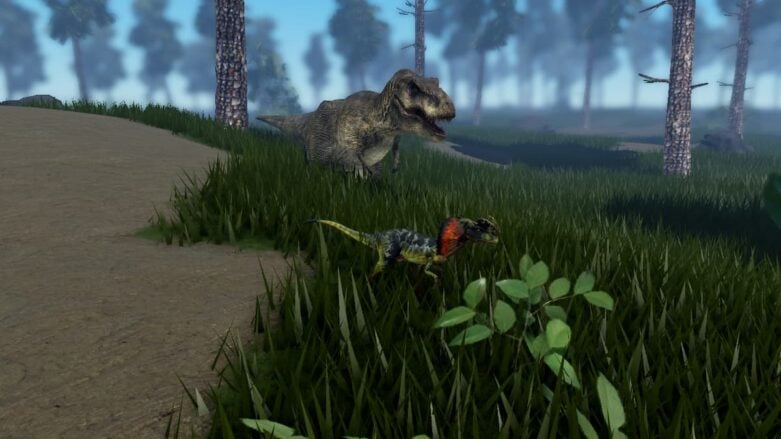 Roblox Jurassic Genesis A T Rex And A Smaller Dinosaur Standing On Grass