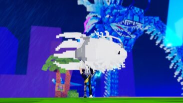 Roblox Just Fishin Avatar Holding Massive White Fish Above Head As A Blue Dragon Rages In The Background