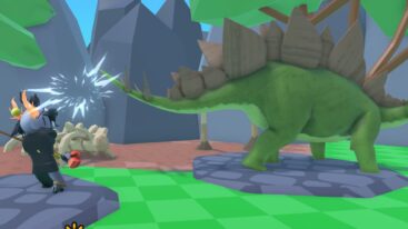 Roblox Kill A Creature Avatar Wearing Silver Helmet Holding Spear Fighting A Green Stegosaurus