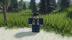 Roblox Lost Currents A Fisherman Npc Wearing Cat That Covers Eyes Standing On Beach Near Grass And Trees