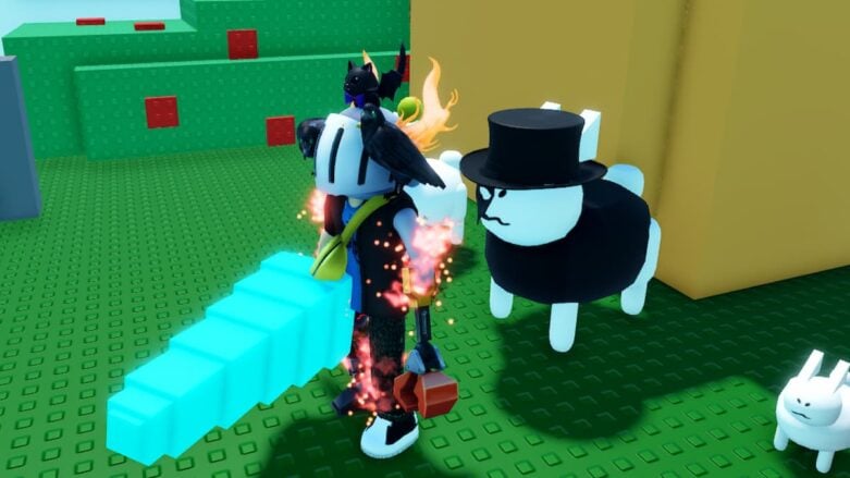 Roblox Merge Gubby Army Avatar With Silver Helmet And Claw Arm Wielding A Massive Carrot With Costume Wearing White Bunnies Behind
