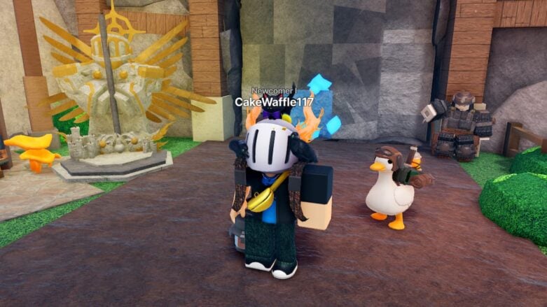 Roblox Miners Quest Avatar Wearing Silver Helmet With Duck Wearing Hat And Backpacl Stands Behind