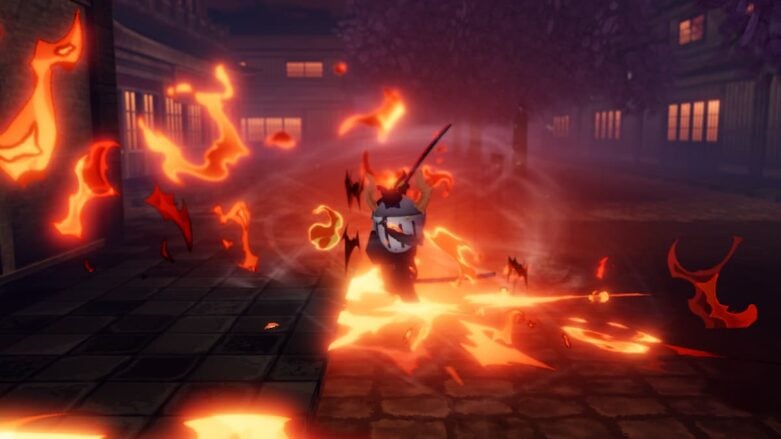 Roblox Mugen Avatar Wearing Silver Helmet Summoning Fire Around Him While Holding Sword