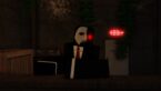 Roblox Murderthon Avatar Behind A Counter With Half White Half Black Mask With Glowing Red Eye