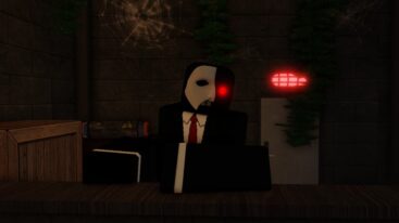 Roblox Murderthon Avatar Behind A Counter With Half White Half Black Mask With Glowing Red Eye