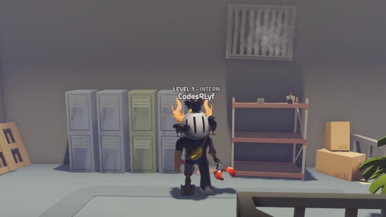 Roblox Night Shift Avatat Wearing Silver Helmet And Metal Claw Arm Standing Near Lockers And Dusty Air Vent