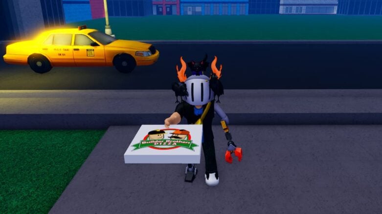 Roblox Own Fnaf And Prove Mom Wrong Avatar Wearing Silver Helmet And Claw Arm Holding White Pizza Box As Yellow Taxi Drives Behind