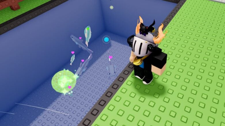 Roblox Own A Fish Pond Avatar Wearing Silver Helmet Standing Near Fish Pond