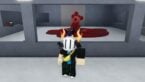 Roblox Parasite Testing Avatar Wearing Silver Helmet Standing Before Window With Giant Red Parasite Inside