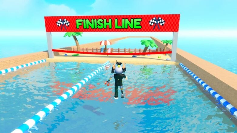 Roblox Race Swimmer Simulator Avatar Wearing Silver Helmet Jumping Into Water Heading Towards Finishing Line