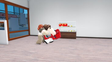 Roblox Resturant Simulator Customers Holding Red Baskets Looking At Food Items On Shelf Fries Chicken