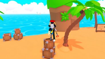 Roblox Seaquest Avatar Wearing Silver Helmet And Claw Arm Standng On Boxes Near Ocean And Palm Tree