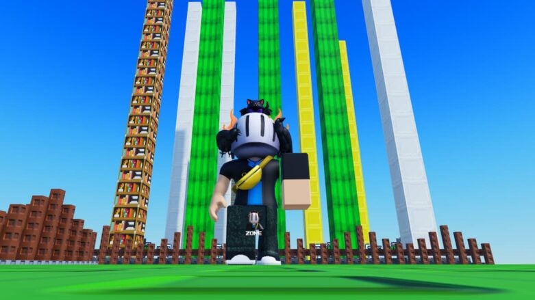 Roblox Stack The Blocks Avatar Wearing Silver Helmet With Many Different Colored Box Stacks Behind Blue Yellow White