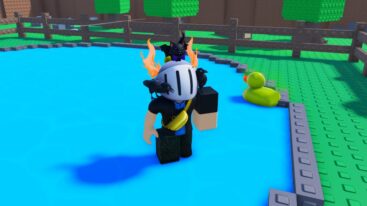 Roblox Steal A Duck Avatar Wearing Silver Helmet Standing In Pond With A Zombie Duck