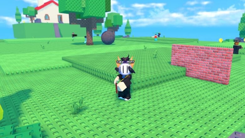 Roblox Stick Battles Avatar Wearing Silver Helmet Holding A Wooden Stick With A Red Brick Wall To The Side