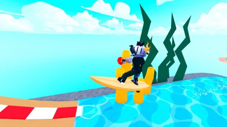 Roblox Surf Obby Avatar Wearing Silver Helmet Surfboarding On Yellow Board