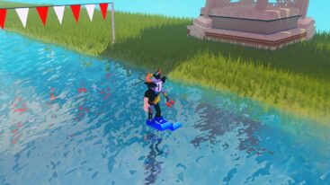 Roblox Swim For Money Avatar Wearing Silver Helmet Claw Arm And Blue Flippers Jumping Over Water