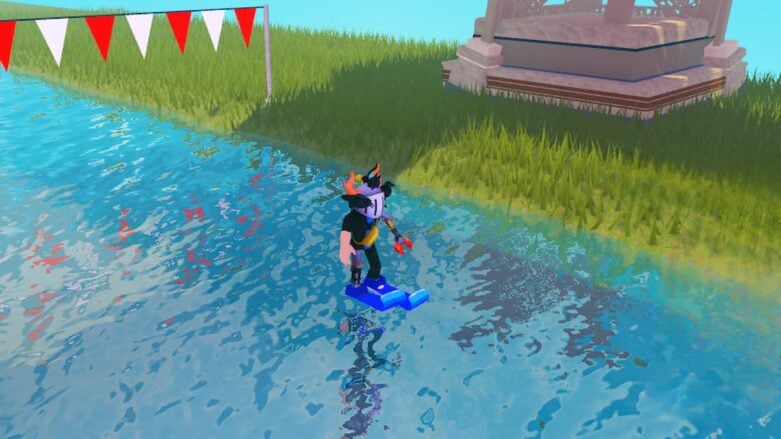 Roblox Swim For Money Avatar Wearing Silver Helmet Claw Arm And Blue Flippers Jumping Over Water