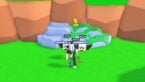 Roblox Tapping Infinity Avatar Wearing Silver Helmet And Claw Arm Standing Near Boulder With Golden Arrow Trophy On It