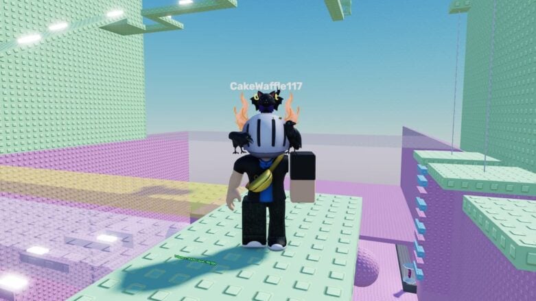 Roblox Troll Gear Tower Avatar Wearing Silver Helmet Standing Before Yelow Pink Bridges