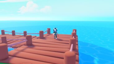 Roblox Water Pumping Incremental 2 Avatar Wearing Silver Helmet And Metal Claw Arm Standing On Wooden Dock Pier Near Ocean