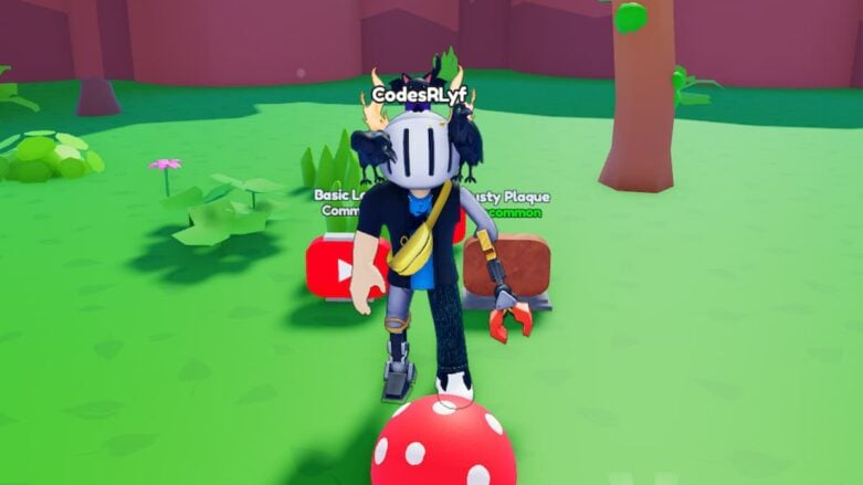 Roblox Youtube Clicker Avatar Wearing Silver Helmet And Claw Arm Standing On Grass Near Red White Mushroom