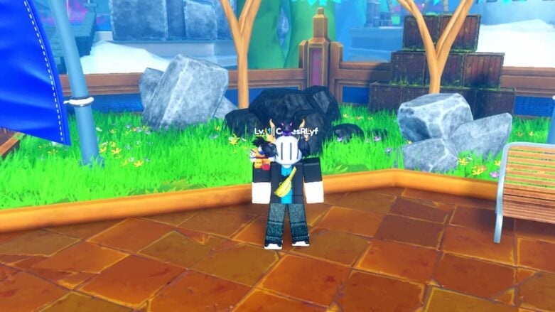 Roblox All Star Tower Defense X Avatar Wearing Silver Helmet Standing Near Bench Grass And Diferent Colored Boulders