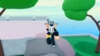 Roblox Anime Anexus Simulator Avatar Wearing Silver Helmet With Big Left Arm Standing On Rock Near Trees