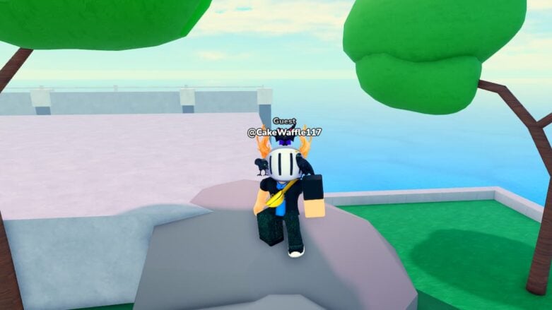Roblox Anime Anexus Simulator Avatar Wearing Silver Helmet With Big Left Arm Standing On Rock Near Trees