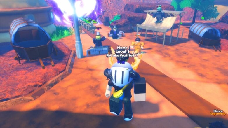 Roblox Anime Stars Tower Defense Avatar Wearing Silver Helmet Standing Before Units Attacking Enemies Coming From Purple Portal