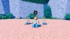 Roblox Anime Strength Simulator Blonde Haired Avatars In Blue Striped Bikini And Blue Pants Standing On Beach