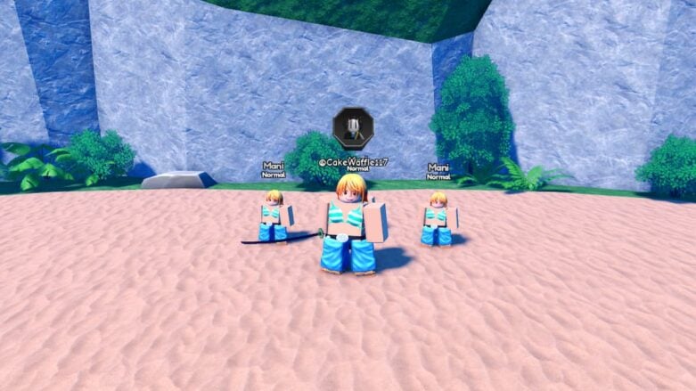 Roblox Anime Strength Simulator Blonde Haired Avatars In Blue Striped Bikini And Blue Pants Standing On Beach