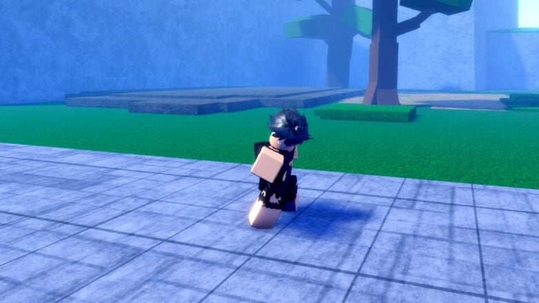 Roblox Arcane Legacies Avatar Wearing Black Ripped Clothing Punching On Grey Road Near Trees