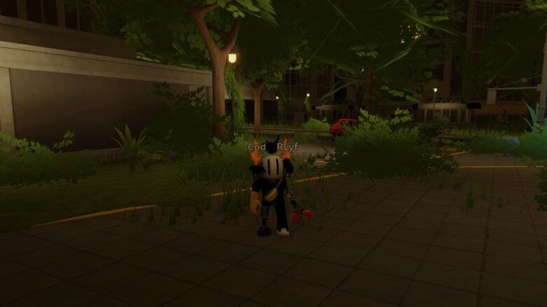 Roblox Borderland Avatar Wearing Silver Helmet In A Courtyard Overtaken By Nature Trees Bushes