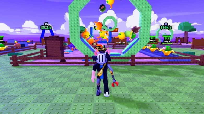 Roblox Bounce A Brainrot Avatar Wearing Silver Helmet With Claw Arm Standing In Front Of Tons Of Brainrots Bouncing