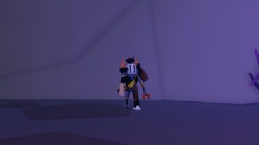 Roblox Break Rocks Avatar Wearing Silver Helmet And Metal Claw Arm Holding A Wooden Pickaxe And Wooden Hammer Strapped To Back In Purple Cave