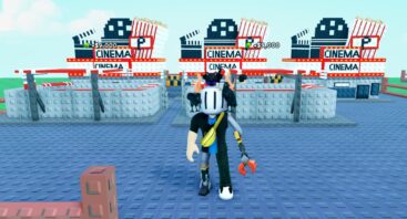 Roblox Build A Business Avatar Wearing Silver Helmet And Claw Arm Standing Before Red White Cinemas And Two Under Construction