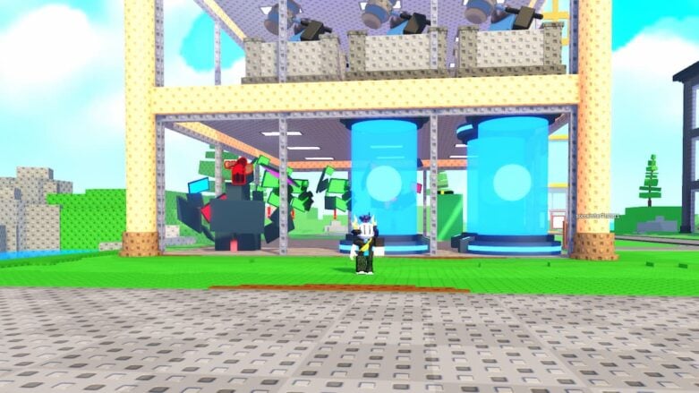 Roblox Build A Scam Empire Avatar Wearing Silver Helmet Standing Outside A Scamming Call Center Building